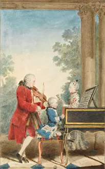 Portrait of Wolfgang Amadeus Mozart playing in Paris with his father Johann Georg Leopold, 1763-1764