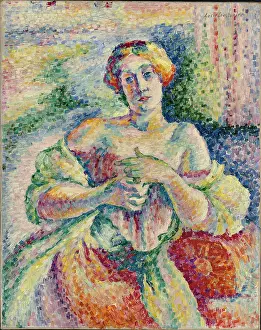 Divisionism Prints: Portrait of a woman in pink and blue, 1908. Creator: Cousturier, Lucie (1870-1925)