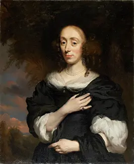Pearls Prints: Portrait of a Woman Wearing a Black Dress, c1668-1670. Creator: Nicolaes Maes