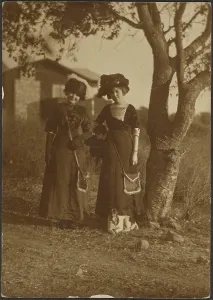Pictorialism Prints: Portrait of Two Women Dressed Up in the Backyard, 1907-1943. Creator: Louis Fleckenstein