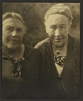 Short Hair Prints: Portrait of Two Women Before Tapestry, 1907-1924. Creator: Louis Fleckenstein