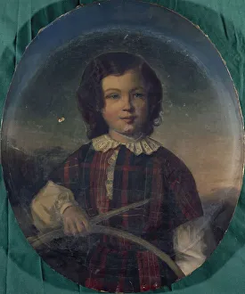Hoop And Stick Prints: Portrait of a young boy in Scottish costume holding a hoop