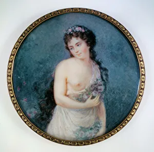 Dumont Francois Prints: Portrait of a young brunette woman in flowers, c1790. Creator: Ecole Francaise