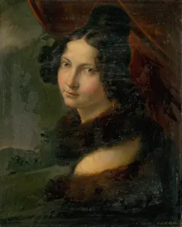 Neckline Prints: Portrait of a young woman with a fur collar, 1830-1850. Creator: Friedrich Schilcher