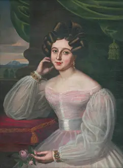 Satin Prints: Portrait of a young woman in a pink dress, holding a rose, 1829. Creator: Janos Rombauer