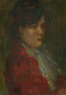 Konstantin Kovari Prints: Portrait of a young woman in red, 1905-1910. Creator: Konstantin Kovari-Kacmarik