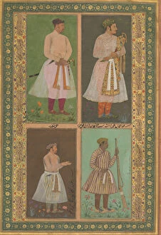 Emperor Jahangir Gallery: Four Portraits: (upper left) A Raja (Perhaps Raja Sarang Rao), by Balchand... ca