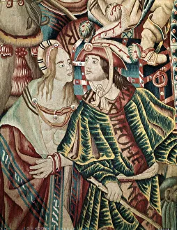 Tournai Prints: A Portuguese man and an Indian woman. Detail of a Flemish tapestry from Tournai