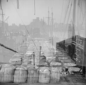 Reflected Collection: Possibly: Barrels of fish on the docks at the Fulton fish market ready to be... New York, 1943