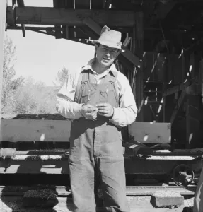 Self Help Prints: Possibly: Men working in mill, Ola self-help sawmill co-op