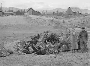 Possibly: The Unruf family, stump pile, and their partly developed farm, Boundary County, Idaho