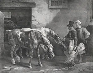 Gericault Theodore Prints: Two Post Horses at the Door of a Stable, 1822. Creator: Theodore Gericault