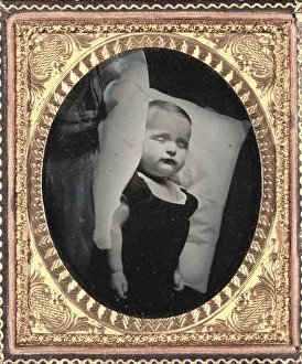 Tinted Prints: Post-Mortem on Pillow, Vertical, c. 1850. Creator: Unidentified Photographer