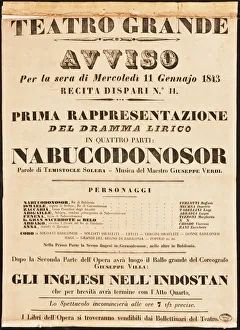 Giuseppe 1813 1901 Prints: Poster for the opera Nabucco by Giuseppe Verdi in Teatro Grande on 11 January 1843, 1843