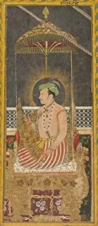 Opaque Watercolour And Gold On Paper Gallery: Posthumous portrait of Emperor Jahangir under a canopy (recto); Calligraphy (verso), c