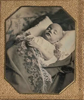 Postmortem Baby, Partially Covered by a Flowered Shawl with a Fringe Hem, 1840s
