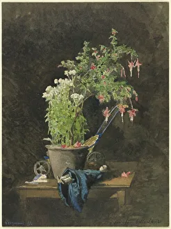 Harpignies Henri Joseph Prints: A Potted Fuchsia with Children's Toys, 1877. Creator: Henri-Joseph Harpignies