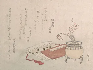 Ryuryukyo Shinsai Prints: Potted Plum Tree in Blossom and Books, 19th century. 19th century. Creator: Shinsai