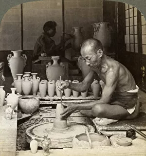 A potter and his wheel, fashioning a vase of Awata porcelain, Kinkosan works, Kyoto, Japan, 1904
