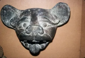 Pottery Mask of a Bat, grey with red and white paint, Zapotec, Mexico, 300-900