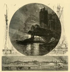 Poughkeepsie, and its Founderies at Night, 1874. Creator: Harry Fenn Poughkeepsie, and its Founderies at Night, 1874. Creator: Harry Fenn
