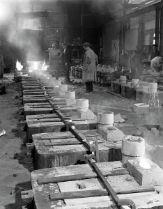 Casting Gallery: Pouring small castings, Edgar Allen Steel Co, Sheffield, South Yorkshire, 1963. Artist