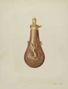 Powder Keg Prints: Powder Flask, c. 1938. Creator: Frank C. Barks