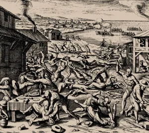 Powhatan Prints: Powhatan attack on 22 March 1622, 1628. Creator: Merian, Matthaus, the Elder (1593-1650)