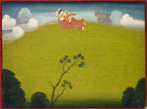 Gum Tempera And Gold On Paper Prints: Pradyumna and Mayavati Fly to Dvaraka, from the Large Basohli Bhagavata Purana, c