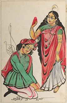 Kalighat Painting Gallery: Pravira Kneeling at the Feet of Jana, 1800s. Creator: Unknown