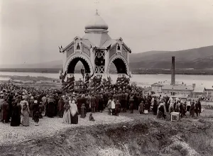 Yenisey Siberia Russia Prints: A prayer service at the laying of a railway bridge over the Yenisei River
