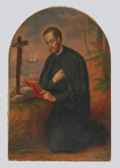 Prayer Book Prints: Praying Priest Saint by the Cross 1861, 1861. Creator: Julius Jonas