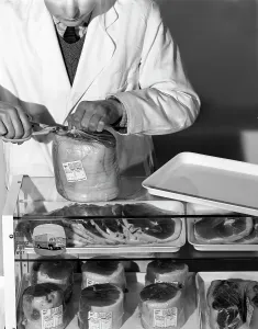 Food Industry Prints: Pre-packed gammon steaks, Danish Bacon Company, Yorkshire, 1964. Artist: Michael Walters