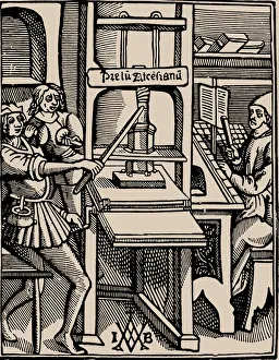 Printmakers Prints: Prelum Ascensianum: printers device with the printing press at work, 1508
