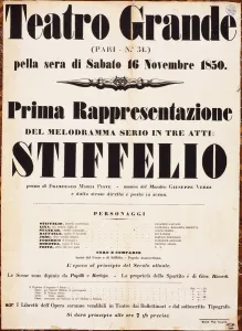 Giuseppe 1813 1901 Prints: Premiere Poster for the opera Stiffelio by Giuseppe Verdi in Teatro Grande, Trieste, 1850