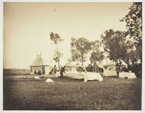 Albumen Print From The Album Souvenirs Du Camp De Chlons Gallery: Preparation of the Emperors Table, Camp de Chalons, 1857. Creator: Gustave Le Gray