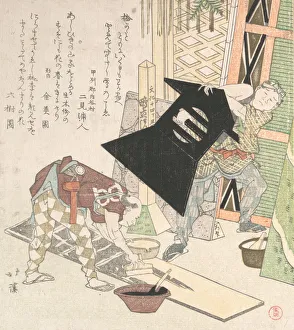 Decorating Prints: Preparations for the New Year, from Spring Rain Surimono Album (Harusame surimono-jo, vol