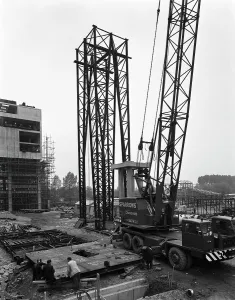 Gasworks Prints: Preparing to lift a fabricated section on the site of Coleshill Gas Works
