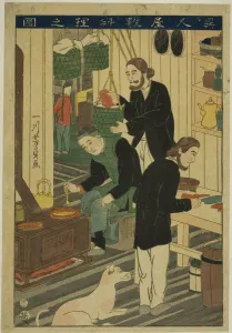 Yokohama Prints: Preparing Meals in a Foreign Residence (Ijin yashiki ryori no zu), 1860