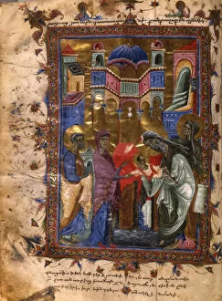Armenian Church Gallery: The Presentation of Jesus at the Temple (Manuscript illumination from the Matenadaran Gospel), 1286