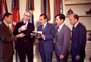 Charles M Duke Jr Prints: President Nixon with Dr. James Fletcher and Apollo 16 Astronauts, 1972. Creator: NASA