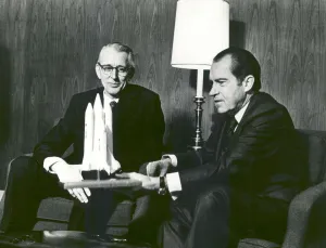 Heritage Space Prints: President Nixon and James Fletcher Discuss the Space Shuttle, 1972. Creator: NASA