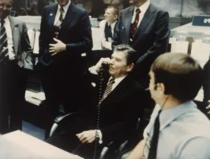 President Ronald Reagan speaks to astronauts on the Space Shuttle, 1981. Creator: NASA President Ronald Reagan speaks to astronauts on the Space Shuttle, 1981. Creator: NASA