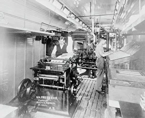 Railway Carriage Prints: Press room on press car, 1913. Creator: Bain News Service