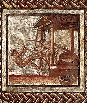 Images Dated 4th April 2013: Pressing olives for oil extraction, Roman mosaic