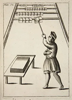 The Pressman Hanging Paper, pub. 1683 (engraving). Creator: English School (17th Century)
