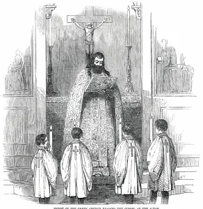 Choir Boy Prints: Priest of the Greek Church reading the Gospel at the Altar, 1850. Creator: Unknown