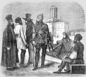 A Priest, Peasant, Tartar Merchant, Russian Soldier, Lady in a Sledge, and a Jew, 1854. Creator: Unknown