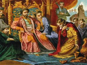 Slavs Prints: Prince Alexander Nevsky begging Batu Khan for mercy for Russia