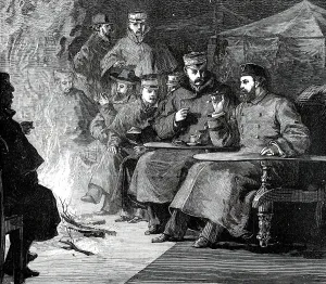 Camping Prints: The Prince and his Comrades: Camp-Fire after Dinner in the Terai, 1876. Creator: Unknown